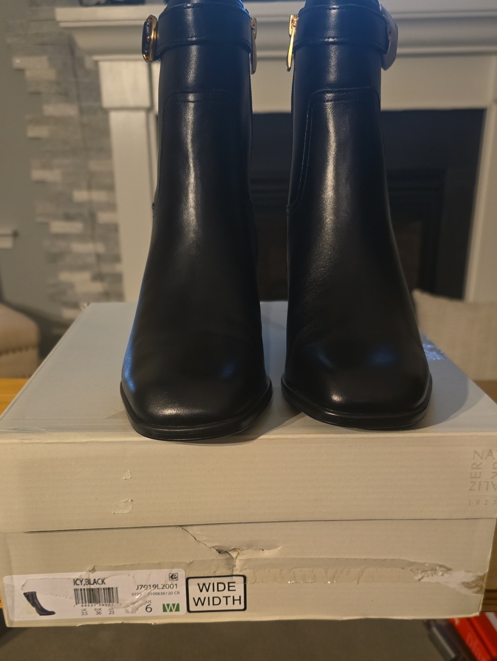 Naturalizer Black Leather Ankle Booties with Gold Buckle